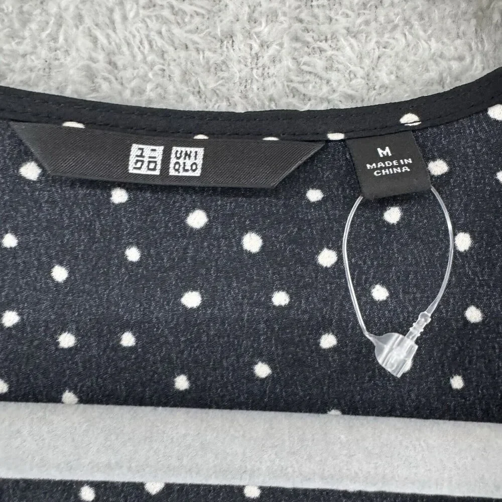 Uniqlo Dress M Black Polka Dots Babydoll V-Neck Ballon Sleeve Knee Length Pocket